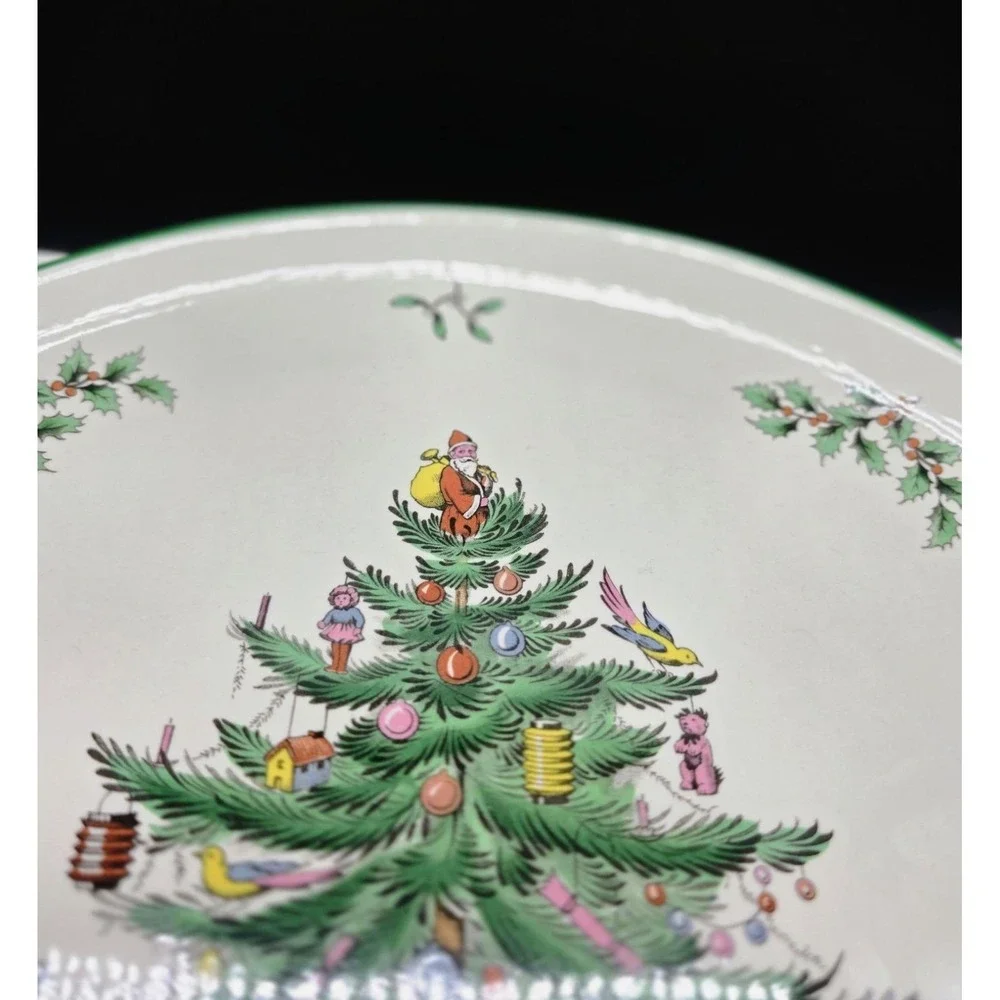 Vintage Spode Christmas Tree Round Cake Plate Serving Santa Claus Handles Box